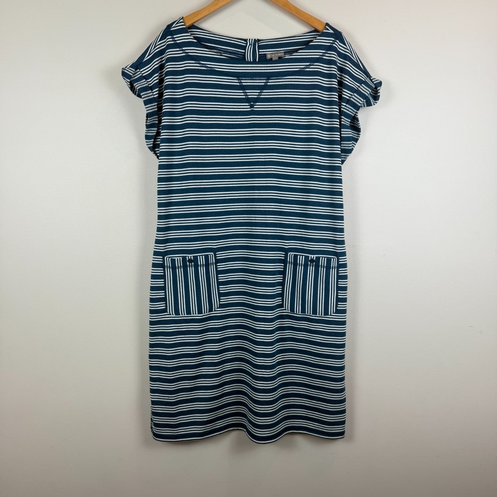 T By Talbots Dress Women's L Blue White Striped Knit Stretch Classic Summer Prep